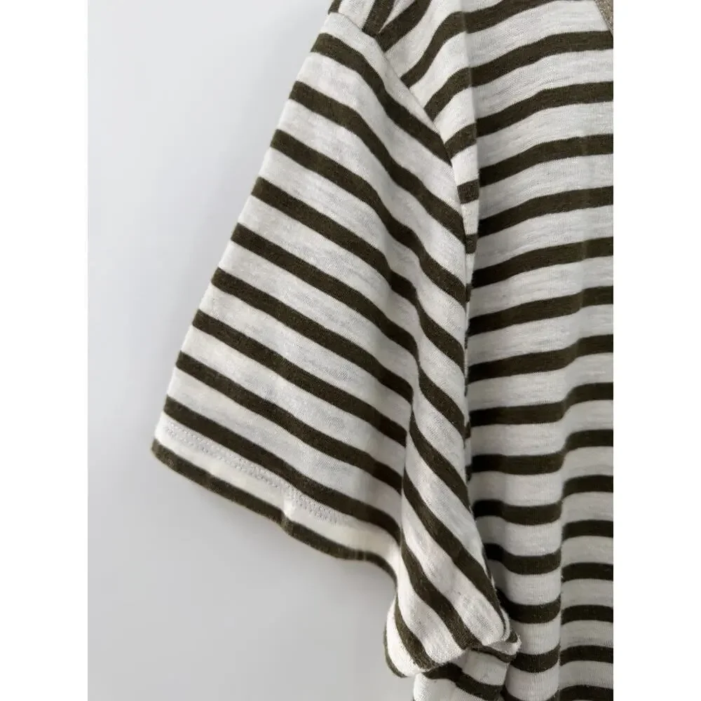J. Crew Women’s Short Sleeve Striped Tee Olive Ivory Metallic Collar Size XL